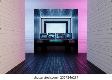 3D Render, Dark interior room. Light laser show and concentrate texture. 