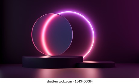 3d render dark purple and pink platform with neon shining and transparent glass rings. Geometric shapes composition with empty space for product design show. Minimal banner mockup.