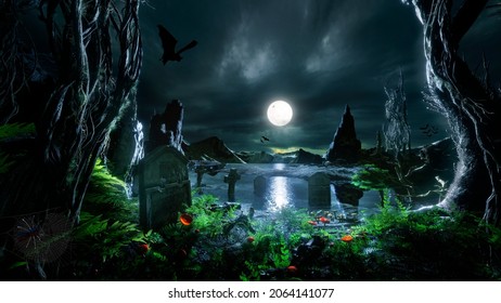 3D render of dark scary forest with lake and cemetery. Haunted halloween scene at full moon.