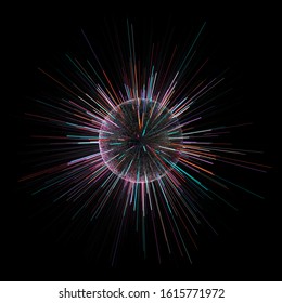 3d render of dark sphere with colorful particles are being emitted from. Fast technology concept. Speed of information transferring.