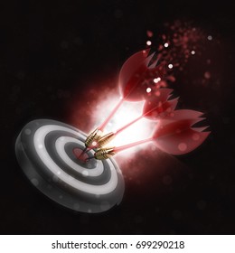 3D render of darts hitting the bullseye