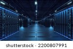 3D Render of Data Technology Center Server Racks. Dark Room with VFX. Visualization Concept of Internet of Things, Data Flow, Digitalization of Internet Traffic. Complex Electric Equipment Warehouse.