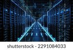 3D Render: Data Technology Center Server Racks in Dark Room with VFX. Detailed Visualization Concept of Internet of Things, Data Flow, Digitalization of Online Traffic. Information Storage Equipment.