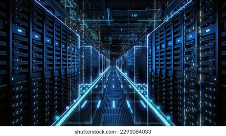 3D Render: Data Technology Center Server Racks in Dark Room with VFX. Detailed Visualization Concept of Internet of Things, Data Flow, Digitalization of Online Traffic. Information Storage Equipment.