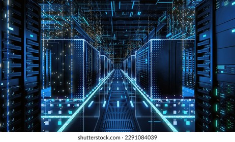 3D Render: Data Technology Center Server Racks in Dark Room with VFX. Detailed Visualization Concept of Internet of Things, Data Flow, Digitalization of Internet Traffic. Information Storage Equipment