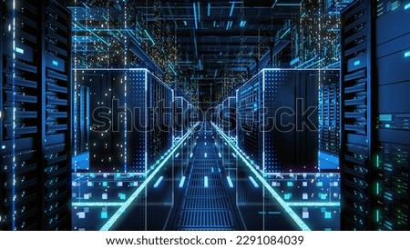 3D Render: Data Technology Center Server Racks in Dark Room with VFX. Detailed Visualization Concept of Internet of Things, Data Flow, Digitalization of Internet Traffic. Information Storage Equipment