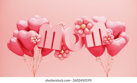 3d render of Mother’s Day podium and showcase, celebrates love, gratitude, and family time with gifts, flowers and ballons.A special holiday background for greeting cards and thoughtful presents.
