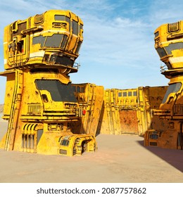 3d render of a dead sci-fi industrial zone among sand and sky