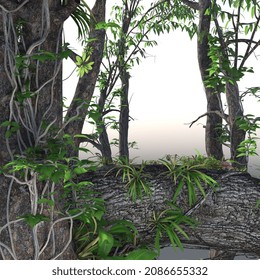 3d render of a deep foliage forest lit with sunbeams