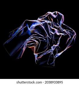 3d render of deformed geometry shape made of glass with dispersion. Light separation. Trendy modern background. Abstract crumpled cloth.
