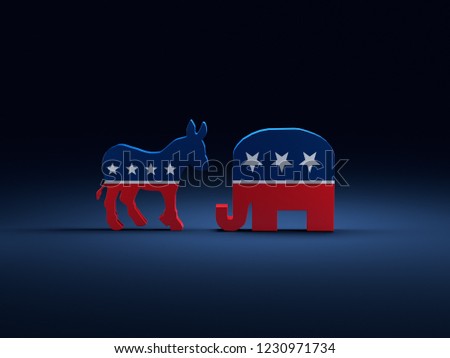 3D render of Democrats Donkey vs Republicans Elephant symbols on dark blue background
