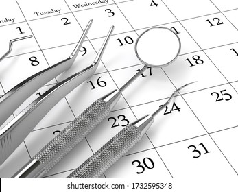 3d render of dental diagnostic instruments lying on calendar. Dentist appointment concept. 