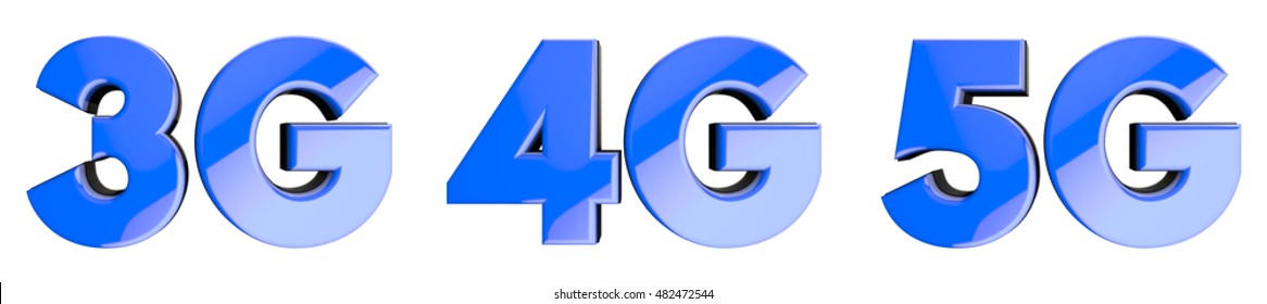 3D render with deph of field blue glossy icon set with mobile network speed symbols: 3G, 4G, 5G. 