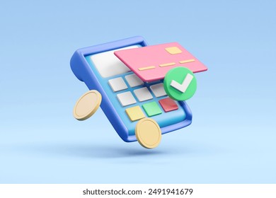 3D render depicting a card reader, a credit card, a check mark, and coins to represent the concept of successful payment. The card reader and credit card illustrate the process of electronic