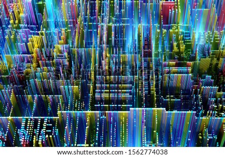 3d render with depth of field effect of abstract cyber city background based on small color cubes with glowing effect in microchips or transistors structure 