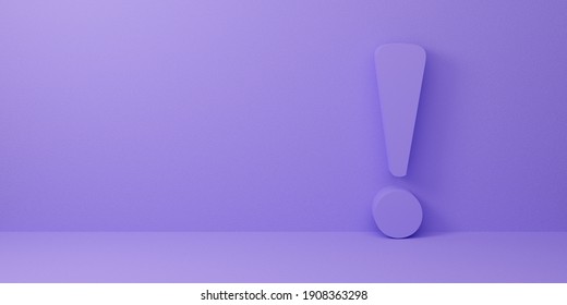 3d render design for answer question, web banner on website. Exclamation mark icon on purple background abstract with shadow. Punctuation Mark on violet pastel color.