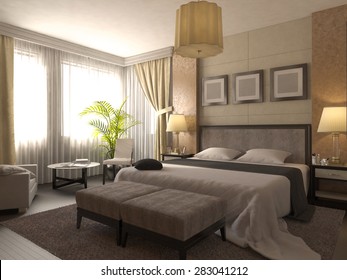 3D render of design of a bathroom in brown and beige color - Powered by Shutterstock