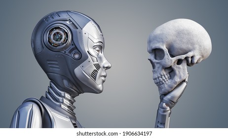 人間の頭蓋骨を持つ細かいロボット女性や人間型のサイバーガールの3Dレンダリング。 色の背景に上半身の側面の接写ビュー
