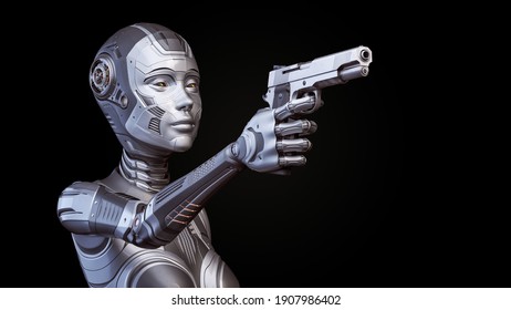 Rendu en 3d d'une femme robot ou d'une cyber-fille en train de menacer avec une arme à feu. Corps supérieur isolé sur fond noir