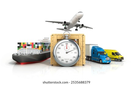 3d render of different modes of transport on the background of the stopwatch concept diverse deliveries of fast deliveries