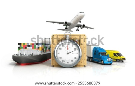 3d render of different modes of transport on the background of the stopwatch concept diverse deliveries of fast deliveries