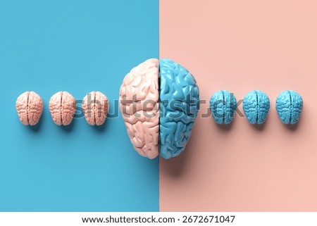 3d render of different parts of the brain, representing emotions and logic. Left and right spheres.