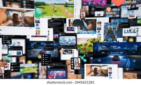 3D Render of Digital Background with Different Online Services. Demonstration of Messenger Apps, Dating Profiles, Games, Entertainment Viral Videos All Connected in Social Network Visualization - Powered by Shutterstock