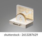 3D render of a digital case with a coin and upward trend arrow symbolizing asset growth and money deposit. Represents financial investment, rising balance, or increasing interest rate.