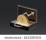 3D render of a digital case with a coin and upward trend arrow symbolizing asset growth and money deposit. Represents financial investment, rising balance, or increasing interest rate.