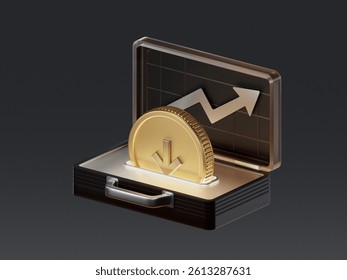 3D render of a digital case with a coin and upward trend arrow symbolizing asset growth and money deposit. Represents financial investment, rising balance, or increasing interest rate.