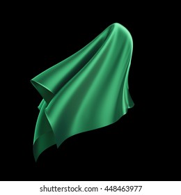 3d Render, Digital Illustration, Abstract Dynamic Cloth, Flying, Falling, Soaring Fabric, Unveil Drapery, Green Silky Curtain, Textile Cover, Isolated On Black Background