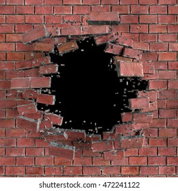 3d Render, Digital Illustration, Abstract Broken Red Brick Wall Background, Hole Isolated