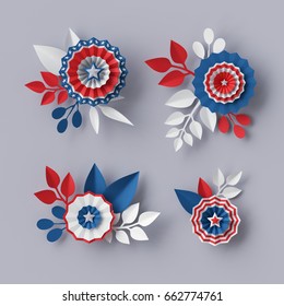 3d Render, Digital Illustration, Abstract Red Blue Paper Flowers, Design Elements Set, Party Decoration, 4th July Patriotic Background, USA Independence Day Celebration