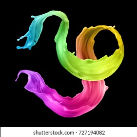 3d render, digital illustration, abstract liquid wave, colorful splash, paint splashing, fashion background, green pink, artistic clip art element isolated on black