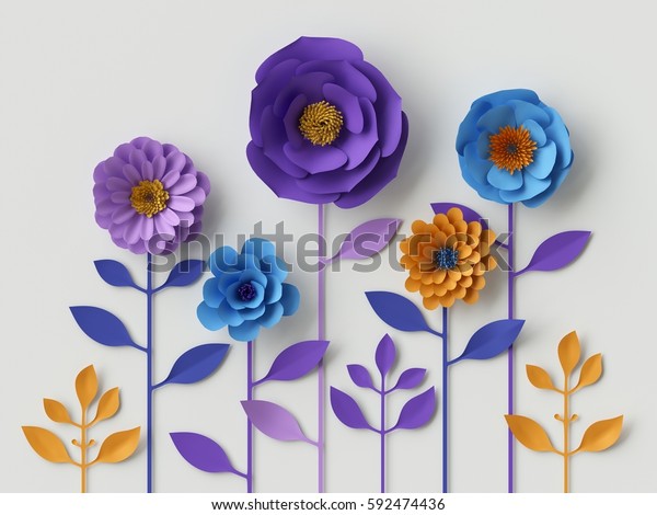 3dレンダリング デジタルイラスト 青い紫色の紙の花の壁紙 春の夏の背景 花柄デザインエレメント のイラスト素材