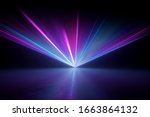 3d render, digital illustration. Bright projector shining on the dark empty stage, laser show, glowing pink blue hypnotic rays, abstract neon light background