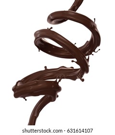 3d render, digital illustration, chocolate spiral jet, brown splash, liquid wave, splashing loops, curvy line, isolated on white background
