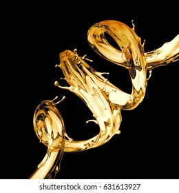 3d render, digital illustration, clear yellow spiral jet, lemonade, tea, oil splash, alcohol liquid wave, splashing loops, curvy line, isolated on black background