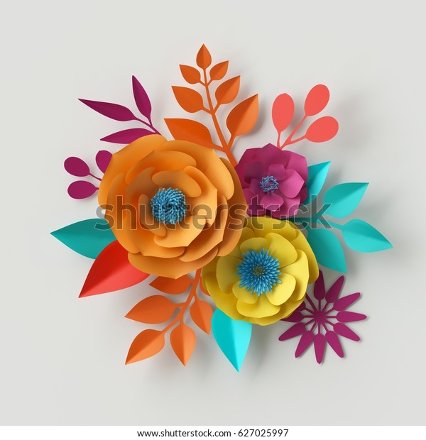 3d 渲染 数码插图 彩色纸花壁纸 春夏背景 花卉花束隔离在白色 库存插图