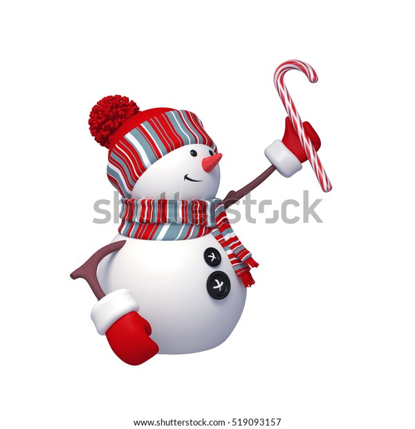 3dレンダリング デジタルイラスト キャンディーを持つ幸せな雪だるま クリスマス ホリデーキャラクター お祝いのグリーティングカード 白い背景にクリップアート のイラスト素材