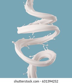 3d render, digital illustration, milk spiral jet, white splash, liquid wave, paint, loops, curvy line, blue background