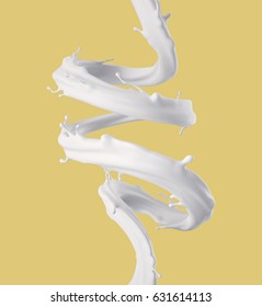 3d Render, Digital Illustration, Milk Spiral Jet, White Splash, Liquid Wave, Paint, Loops, Curvy Line, Yellow Background