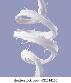 3d Render, Digital Illustration, Milk Spiral Jet, White Splash, Liquid Wave, Paint, Loops, Curvy Line, Pastel Background