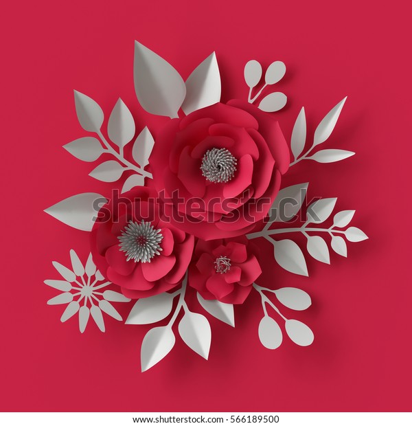 3dレンダリング デジタルイラスト 現代の花柄の背景 赤い紙の花 ロマンチックなバレンタインデーの壁紙 装飾的なブライダルブーケ のイラスト素材
