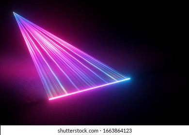 3d render, digital illustration. Neon light abstract background, pink blue rays, projecting laser, scanning effect.