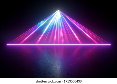 3d render, digital illustration. Neon light abstract background, pink blue rays, projecting laser, scanning effect, bright stage projector