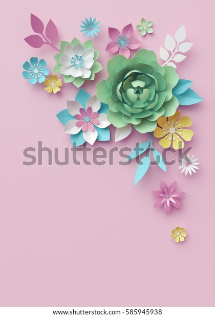 3dレンダリング デジタルイラスト パステル紙の花 ピンクのミント花柄の背景 イースター背景 母の日のグリーティングカード ページコーナーデザインエレメント 芸術的な花の形 のイラスト素材