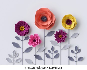 3d Render, Digital Illustration, Pink Purple Red Yellow Paper Flowers Wallpaper, Spring Summer Background, Floral Design Elements