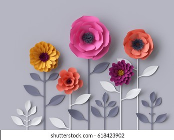 3d Render, Digital Illustration, Pink Purple Red Yellow Paper Flowers Wallpaper, Spring Summer Background, Isolated, Floral Design Elements