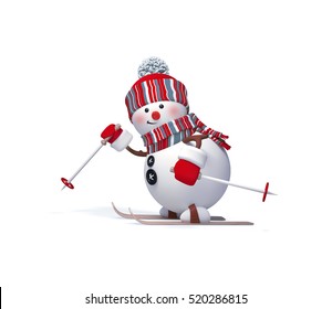 3d Render, Digital Illustration, Snowman Character Skiing, Winter Outdoor Activity, Sports,  Christmas Toy, Clip Art Isolated On White Background